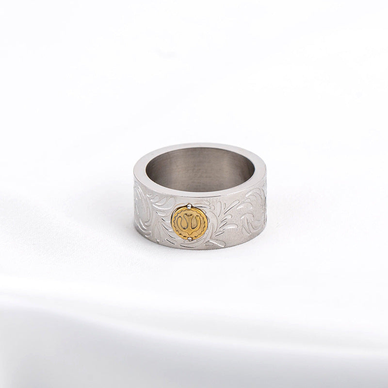 Trendy Retro Titanium Steel Wide-faced Indian Tang Grass Ring