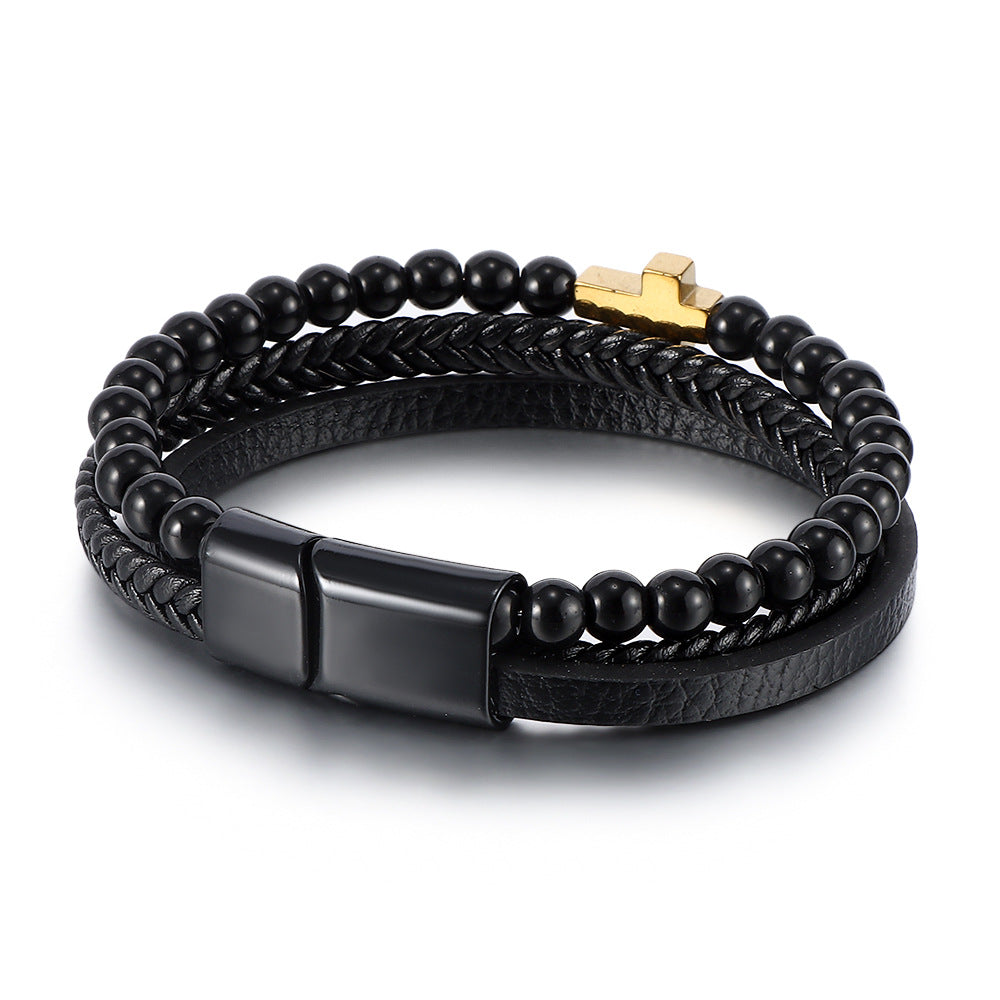 Men's Natural Tigereye Beaded Cross Woven Leather Bracelets