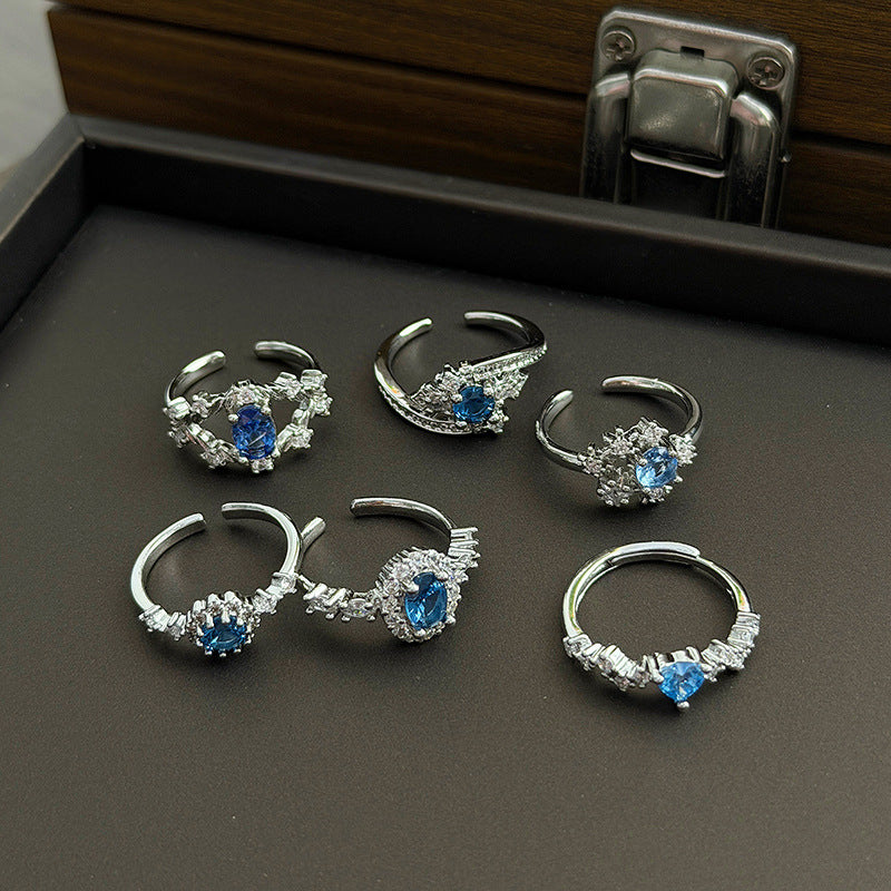 Cool Blue Zircon With Diamond Heart-shaped Oval Open Niche High Ring