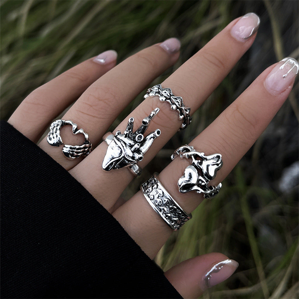 Alloy Chain Vintage Crying Face Poker Hollow Love Ring