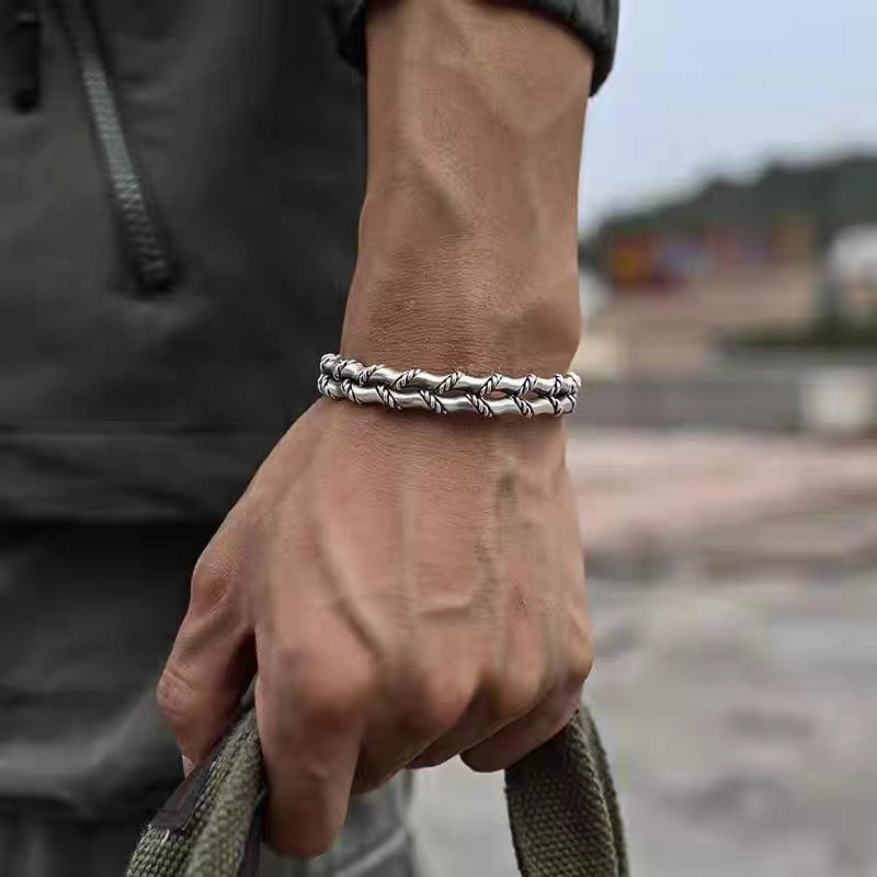 Men's Thailand Hand-woven Bamboo Personality Vintage Thai Sier Opening Bracelet