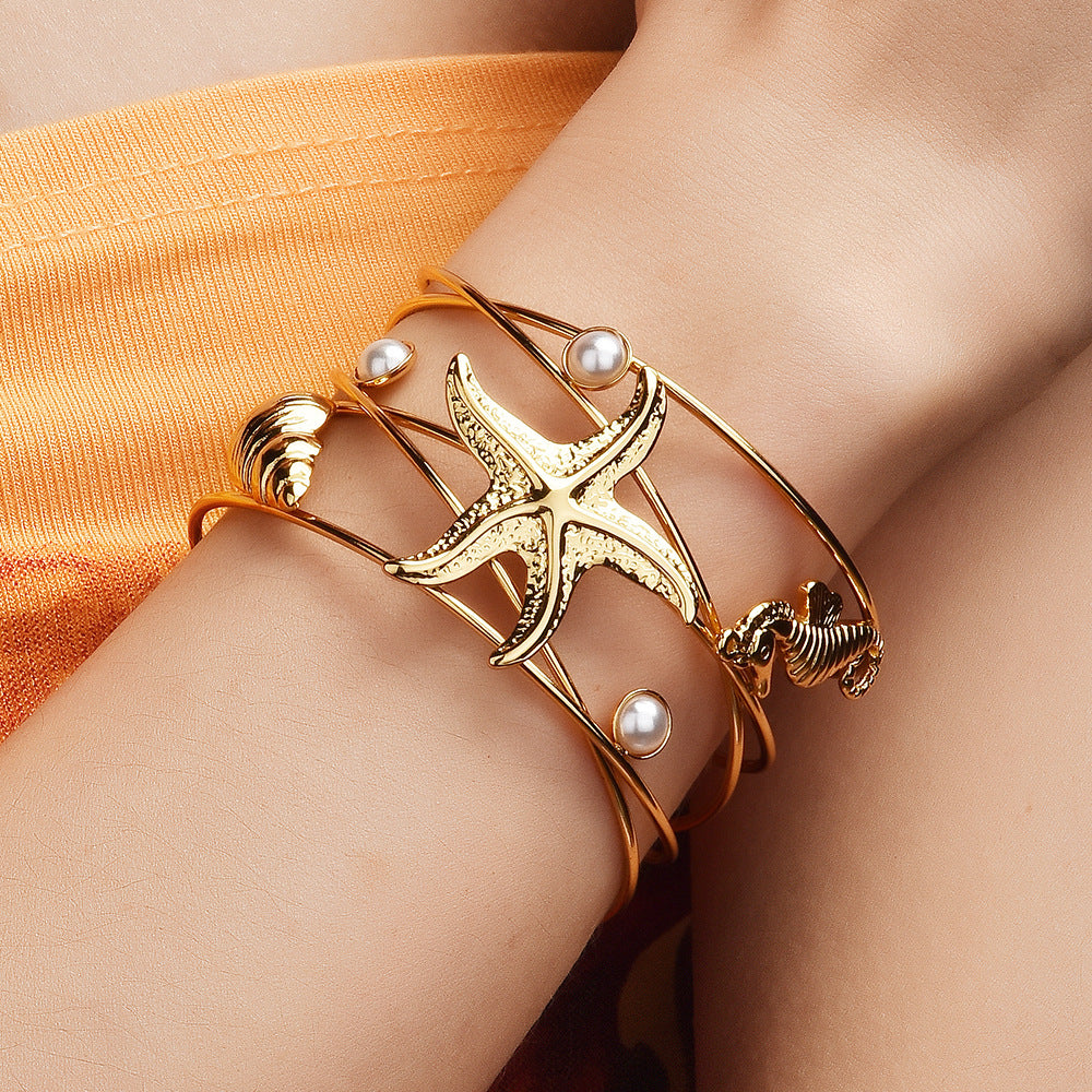 Women's Golden Ocean Wind Open-ended Sun Starfish Shell Mild Luxury Bracelet
