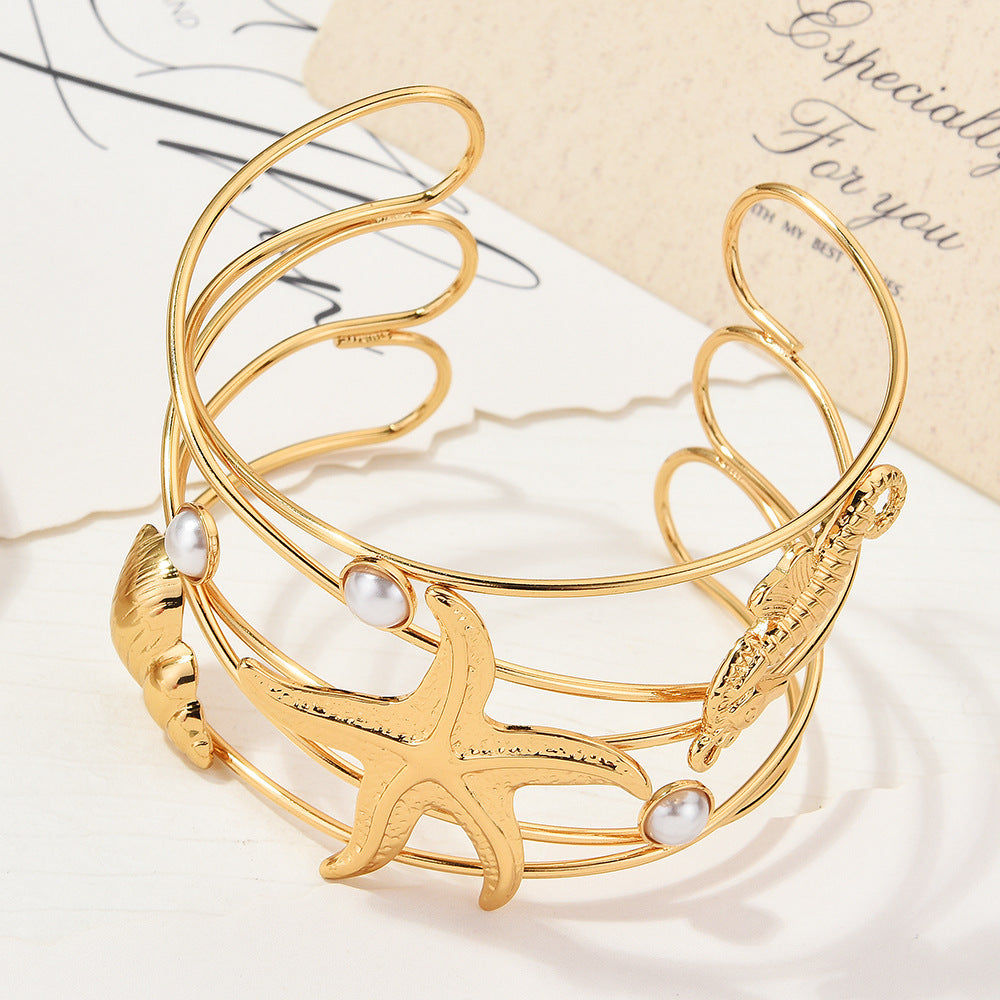 Women's Golden Ocean Wind Open-ended Sun Starfish Shell Mild Luxury Bracelet