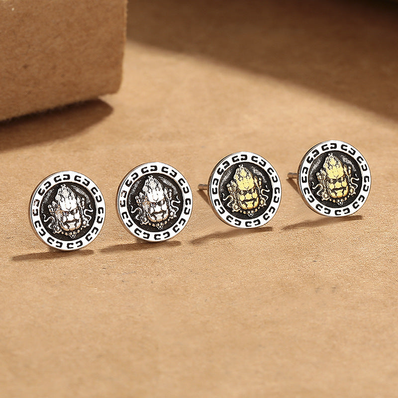 Men's Three-dimensional Yellow God Of Wealth Fashion Simple Round High Sense Stud Earrings