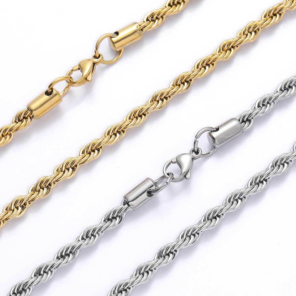 Stacking Twist Link Hip Hop Necklace & Bracelet Set in Stainless Steel – Gold or Steel Finish