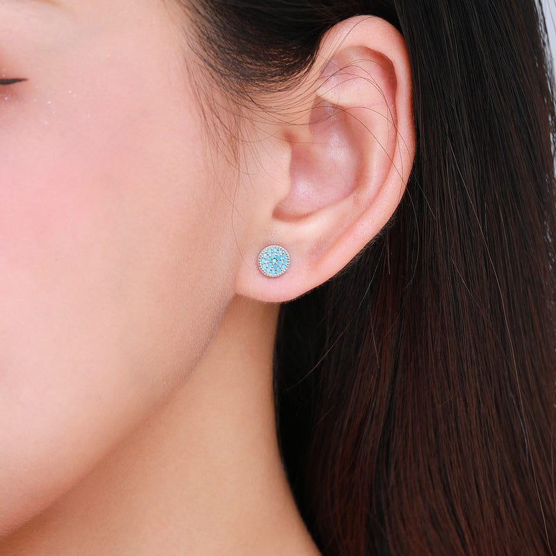 Round Turquoise Stud Earrings in Sterling Silver – Minimalist Geometric Design for Everyday Elegance