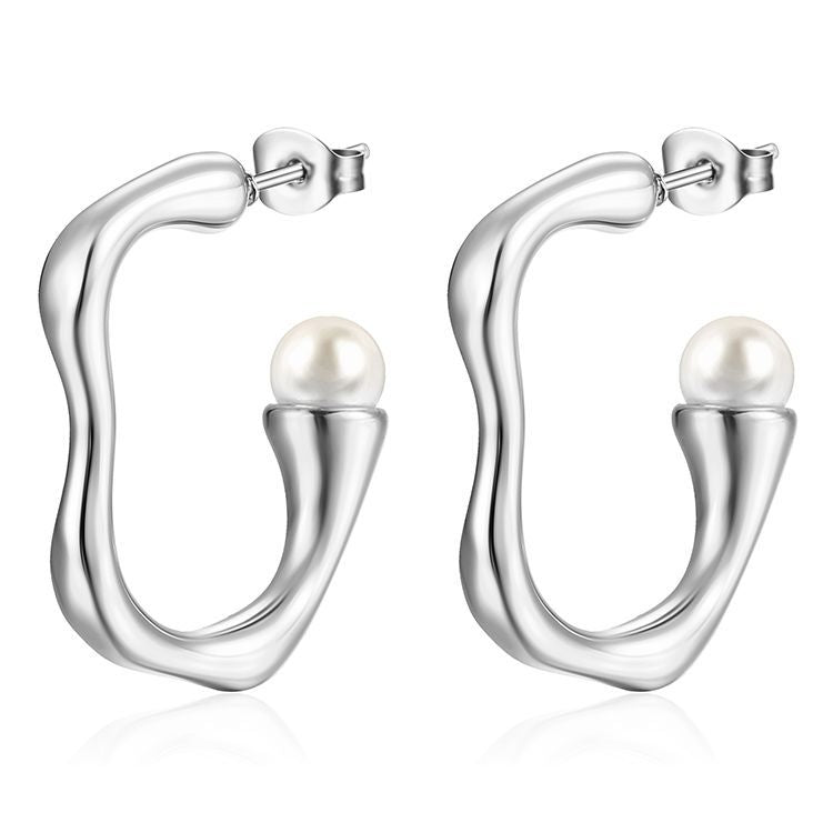 Women's Fashion Geometric Stainless Steel Inlaid Pearl Earrings