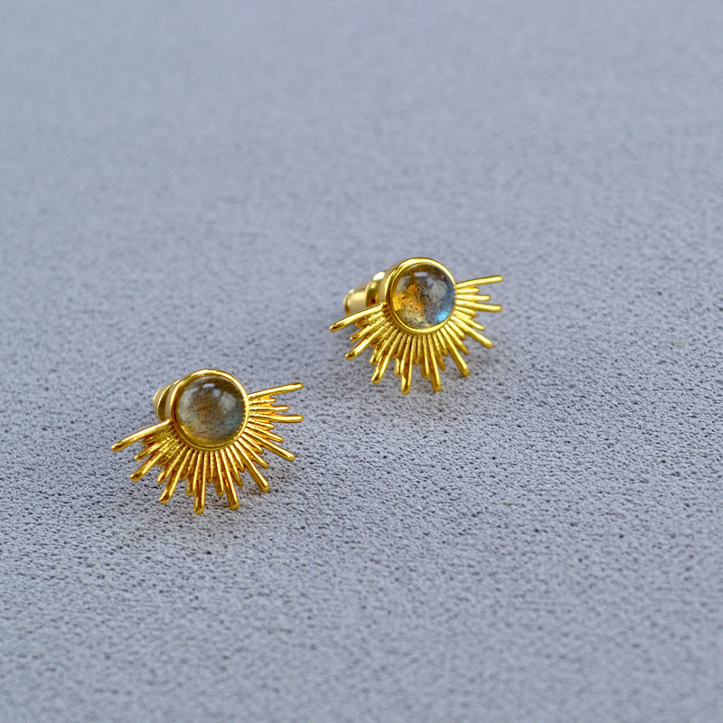 Brass Gold-plated Inlaid Moonlight Labradorite Golden Sier Stud Earrings