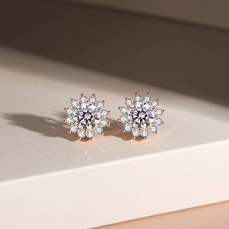 Women's Light Luxury Super Flash Champagne Gold Zircon Flower Stud Earrings
