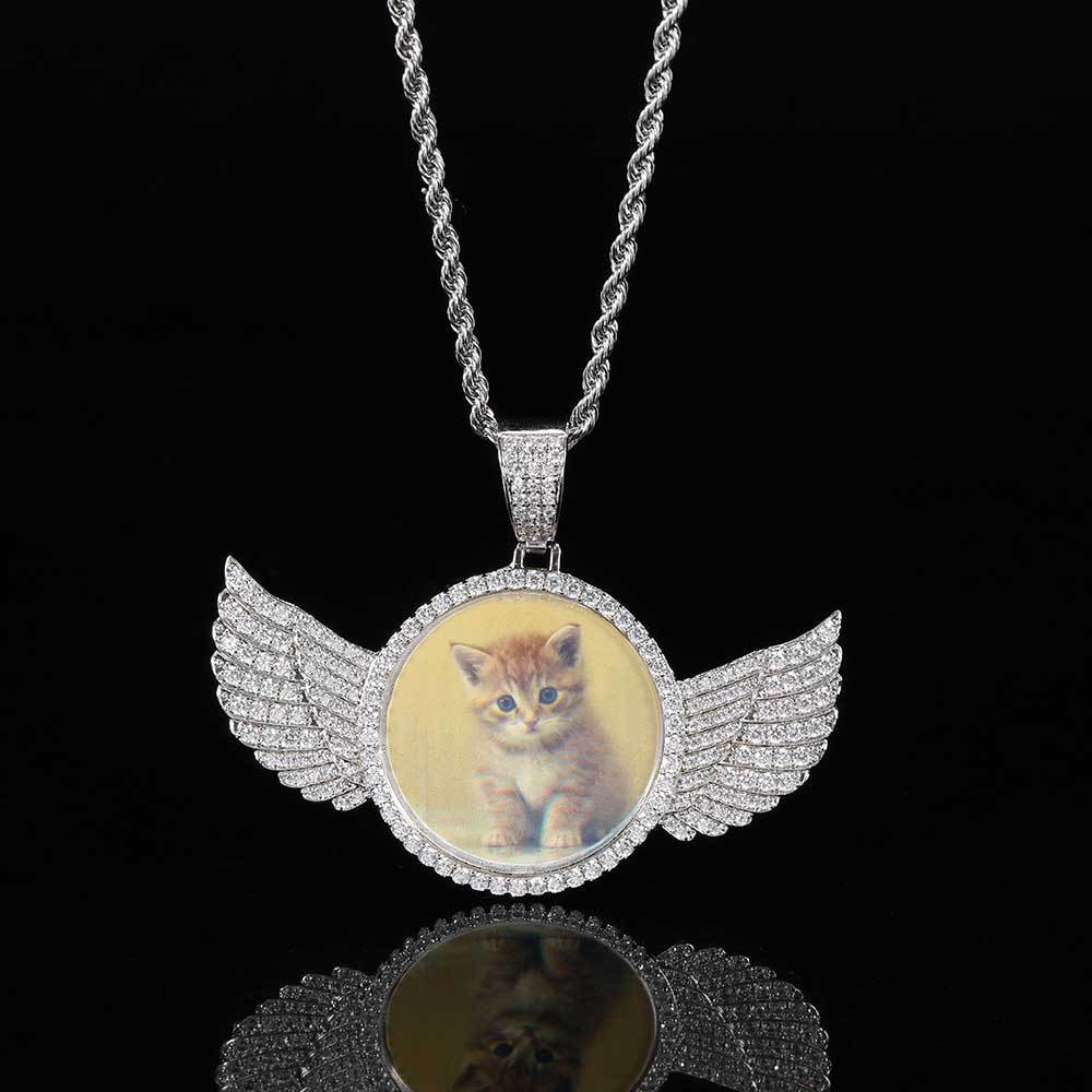 Angel Wing Photo Pendant Necklace with Cubic Zirconia in Brass – Round DIY Frame for Personalized Keepsakes
