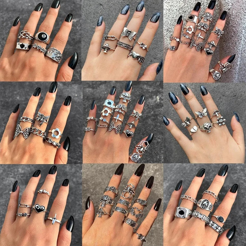 Alloy Chain Vintage Crying Face Poker Hollow Love Ring