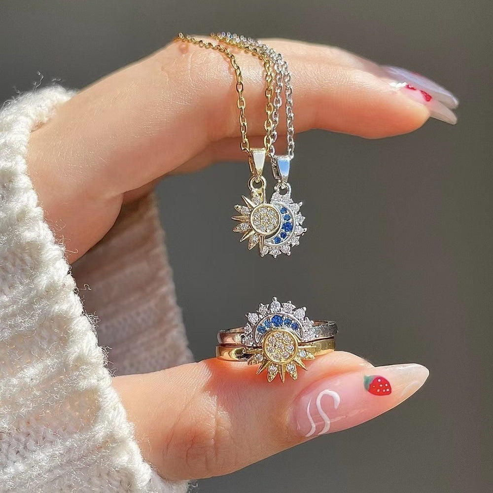 Sun Moon Titanium Steel Female Open Twin Clavicle Necklace