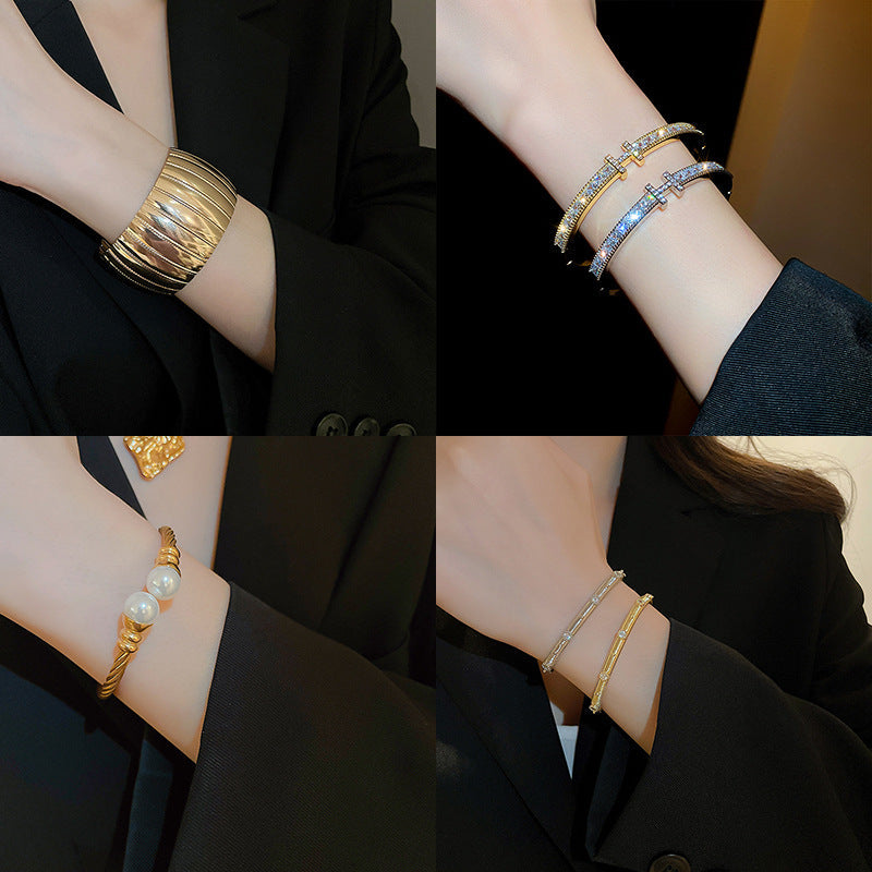 Metallic Striped Geometric Cross Flowers Openings Niche Exaggerated High Bracelet