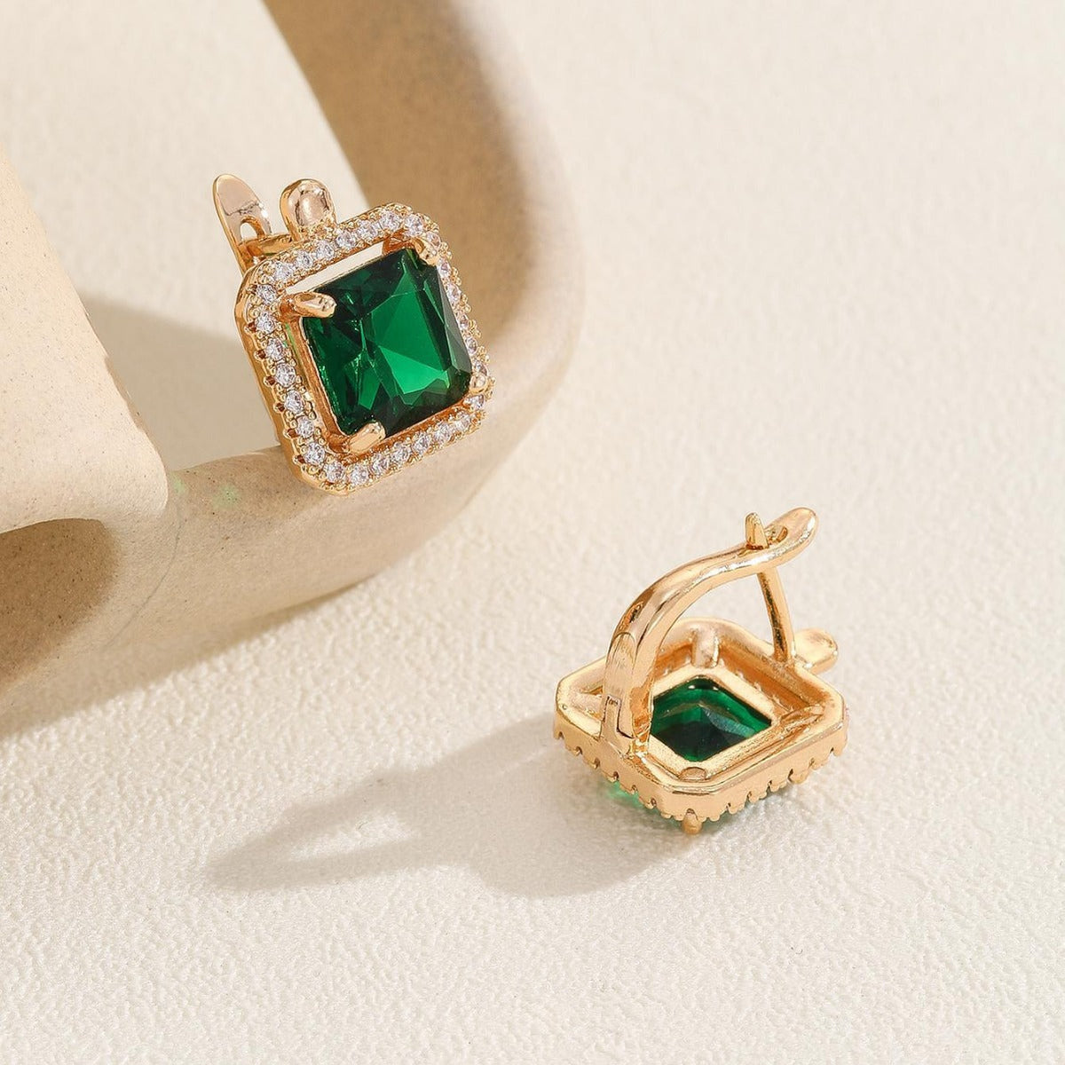 Women's Fashion Emerald Copper Small Retro Affordable Luxury Geometric Square Zircon Earrings