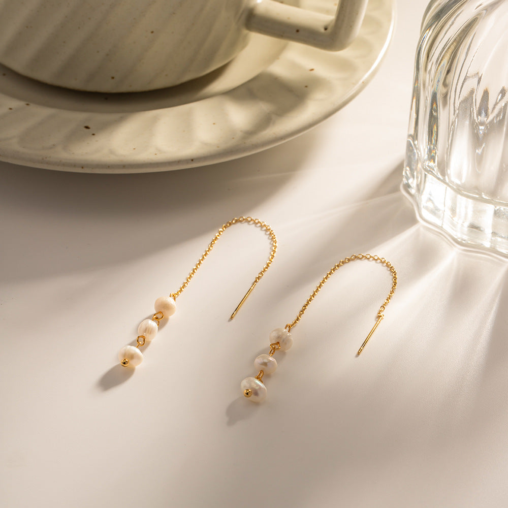 Women's Water Pearl Three Pearls Long Ear Earrings