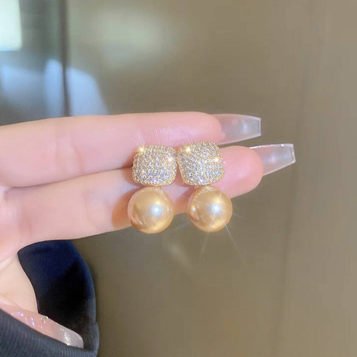 Square Inlaid Zircon Champagne Pearl Lady Temperamental High-grade Rings
