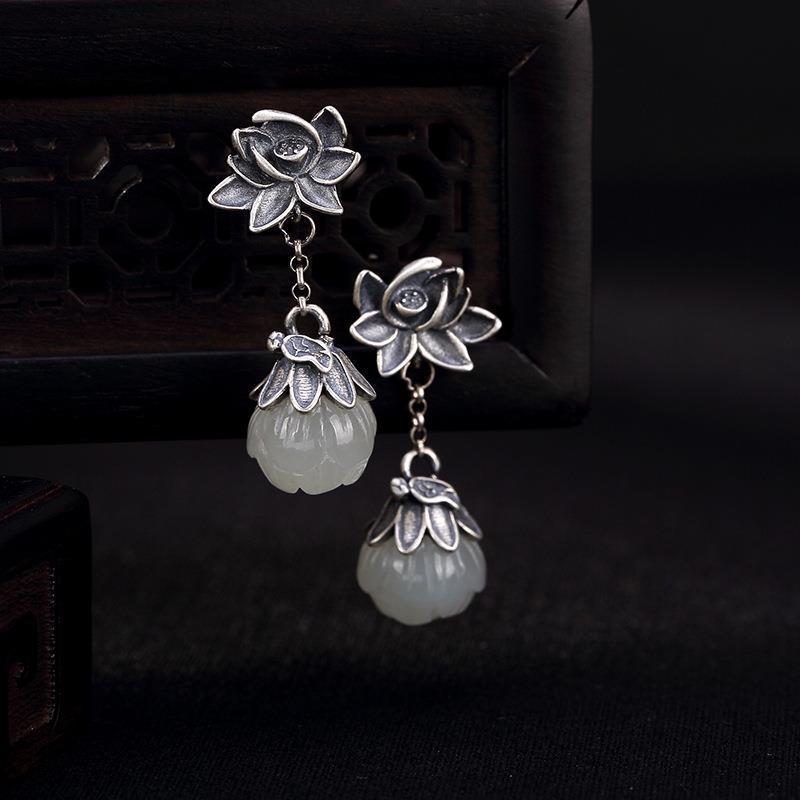 Retro Distressed Lotus Ear Sier-plated Imitation Jade Chinese Style For Earrings