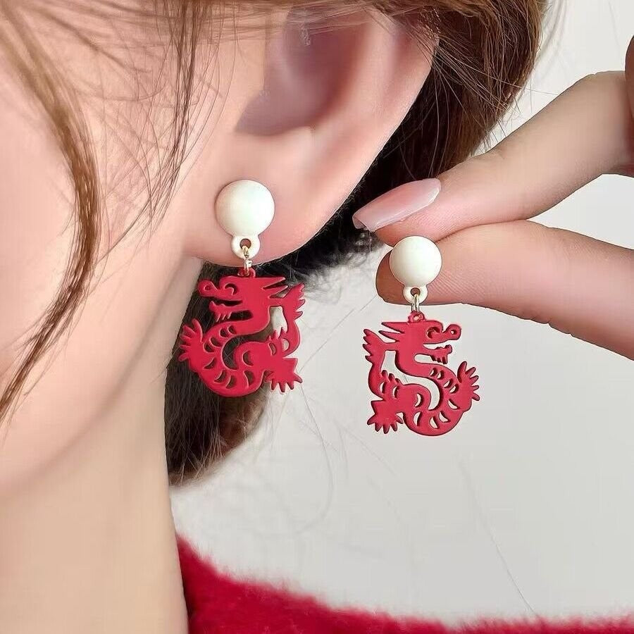 Life Red Paper Dragon Female Pearl Fresh Earrings