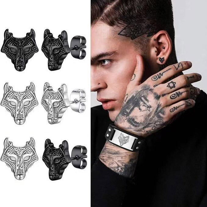 Men's Domineering Wolf Head Stainless Steel Retro Earrings