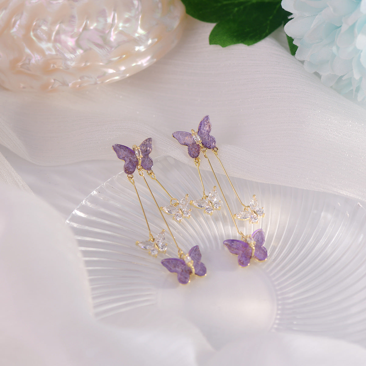 Graceful Tassel Purple Wings Zircon Fairy Delicate Light Stud Earrings