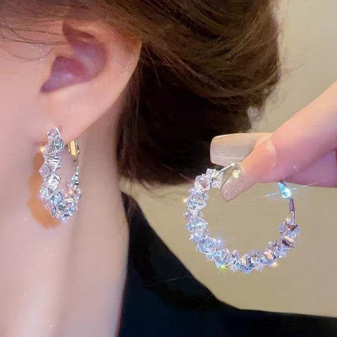 Dazzling Irregular Crystal Circle Hoop Earrings with S925 Sterling Silver Post, New Trend Elegant Geometry Earrings for Women Gifts | Cubic Zirconia