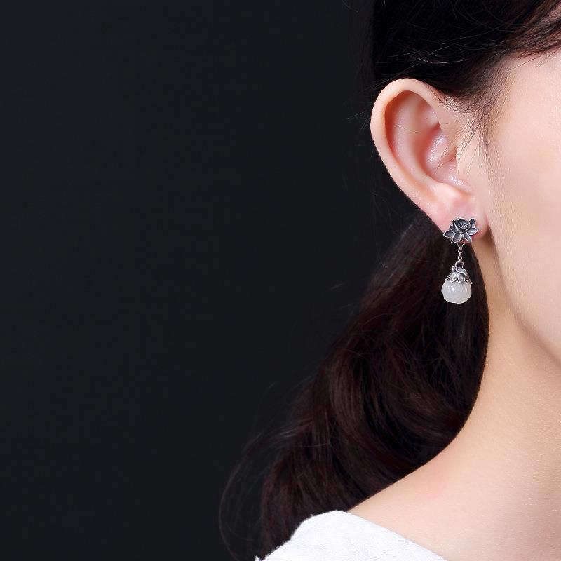 Retro Distressed Lotus Ear Sier-plated Imitation Jade Chinese Style For Earrings