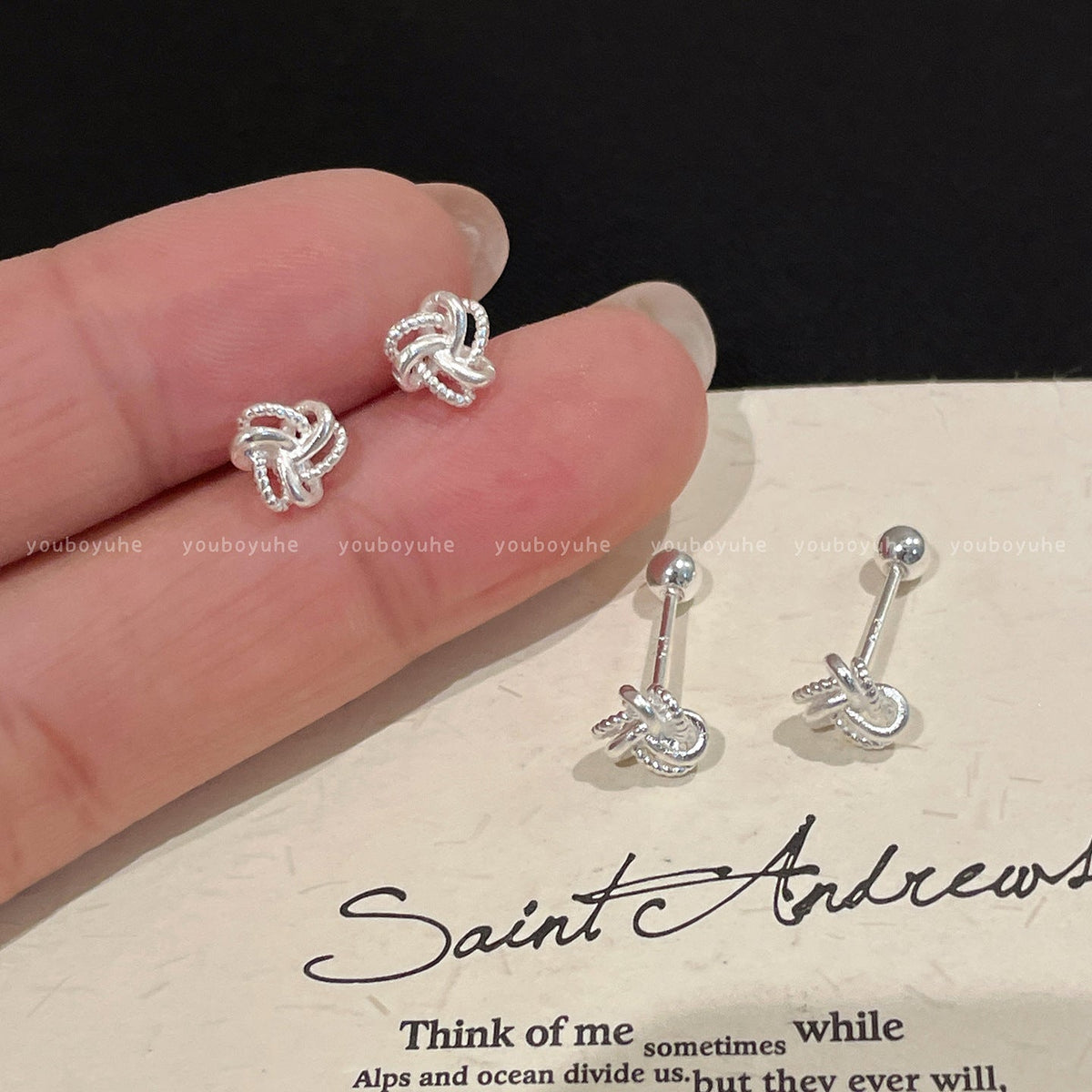 Women's Sier Hoop Winding Ear Ball Screw Exquisite Stud Earrings