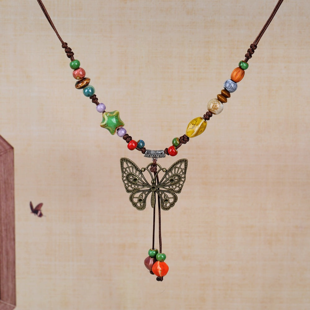 Women's Retro Ethnic Style Ceramic Butterfly Bell Fashionable Necklace