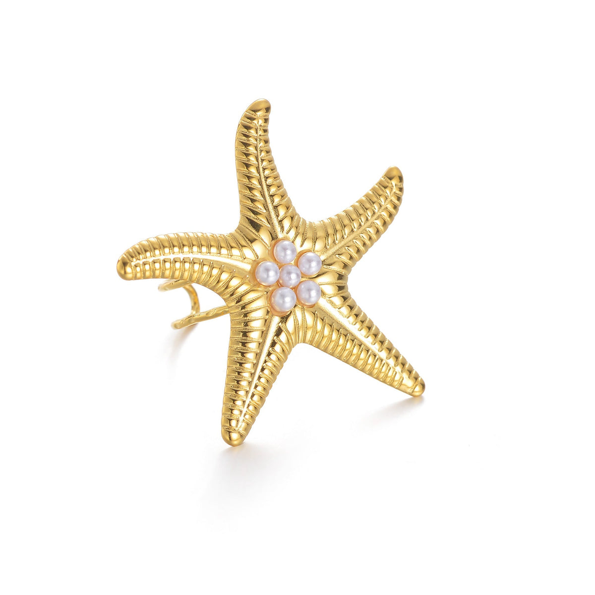 Women's Fashion Trend Stainless Steel Starfish Pearl Opening Exaggerated Design Rings