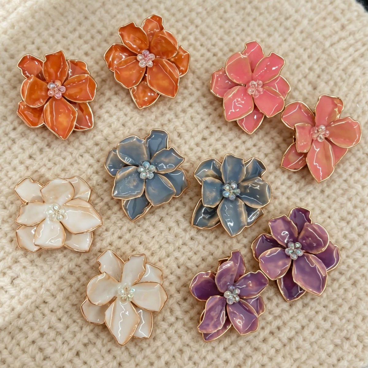 High-key Dignified Three-dimensional Petals Crystal Colorful Flower Earrings