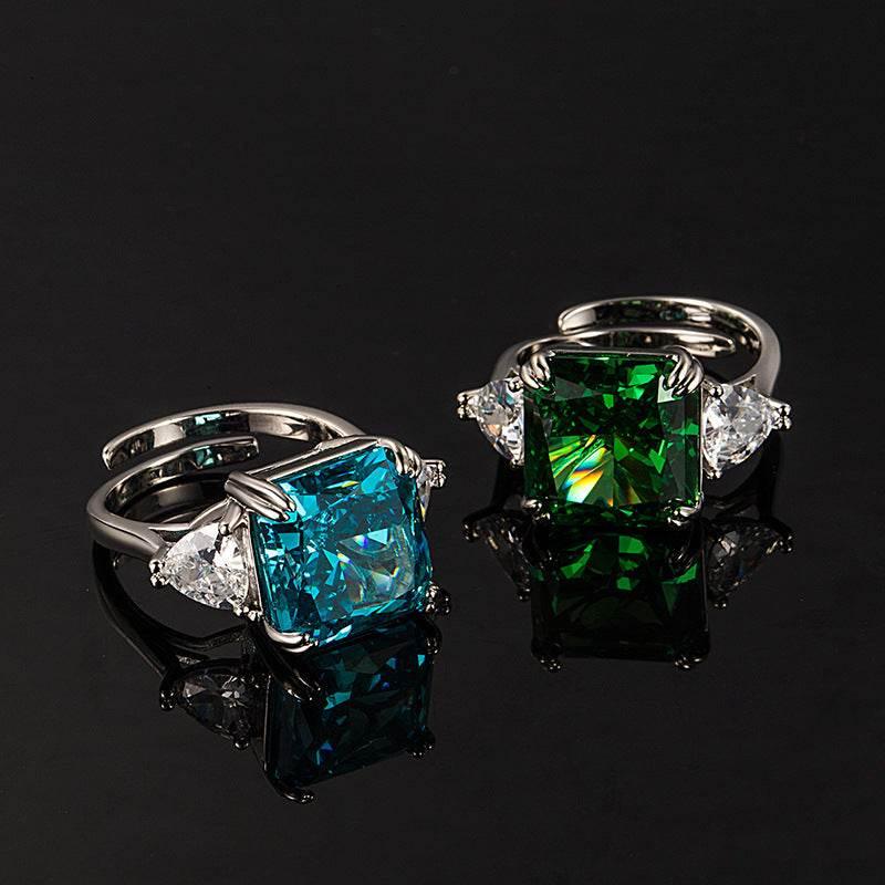 Multicolor Ice Flower Cut Square CZ Adjustable Ring, Blue & Green 12*12mm 8A Main Cubic Zirconia, Two Heart Side CZ, Dainty Luxe