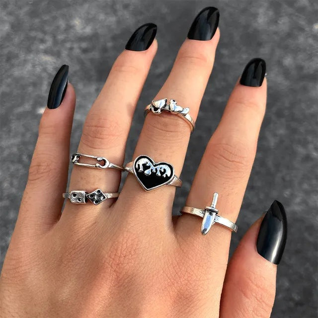 Alloy Chain Vintage Crying Face Poker Hollow Love Ring