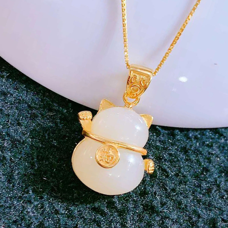 Sier Lucky Cat Natural Jade Cute Girlfriend Gift Light Necklaces