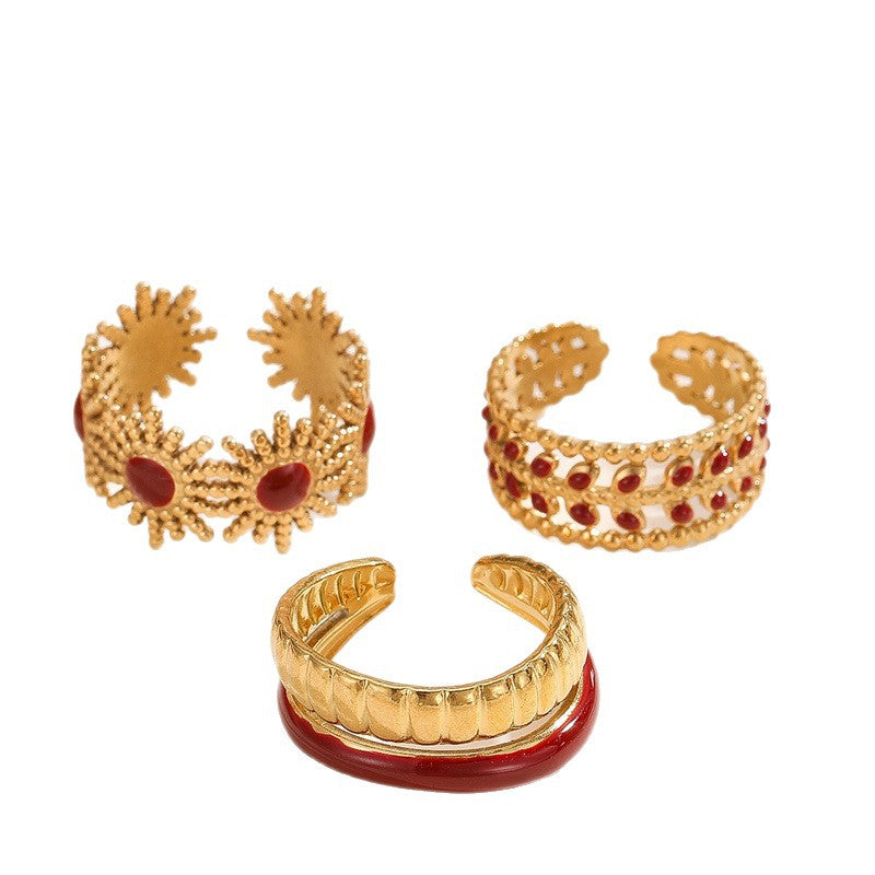 Double-line Drop Color Oil Female Design Flower Leaves Ring
