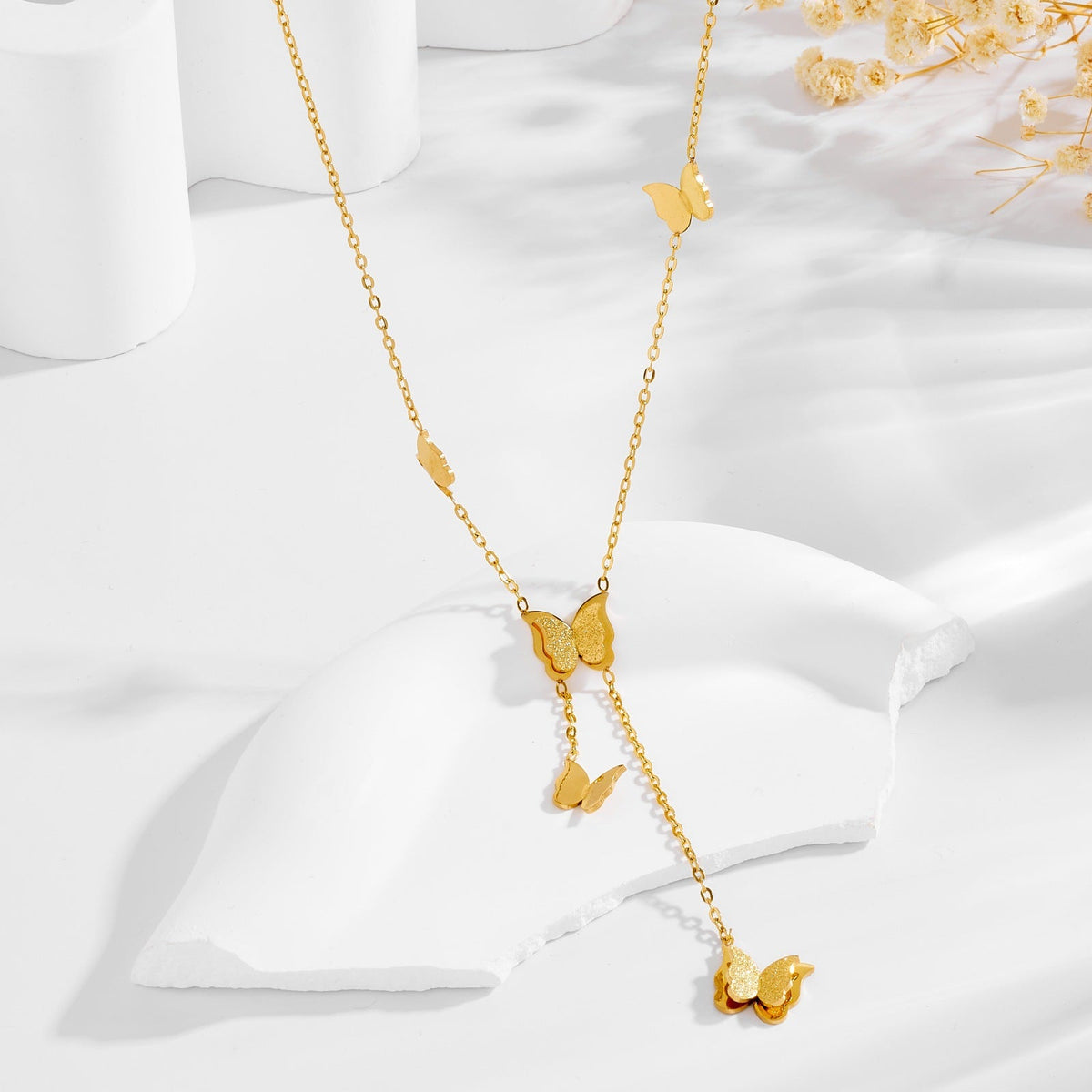 Women's Three-dimensional Five Butterflies Accessory Tassel Chain Stainless Steel Gold-plated Clavicle Necklace