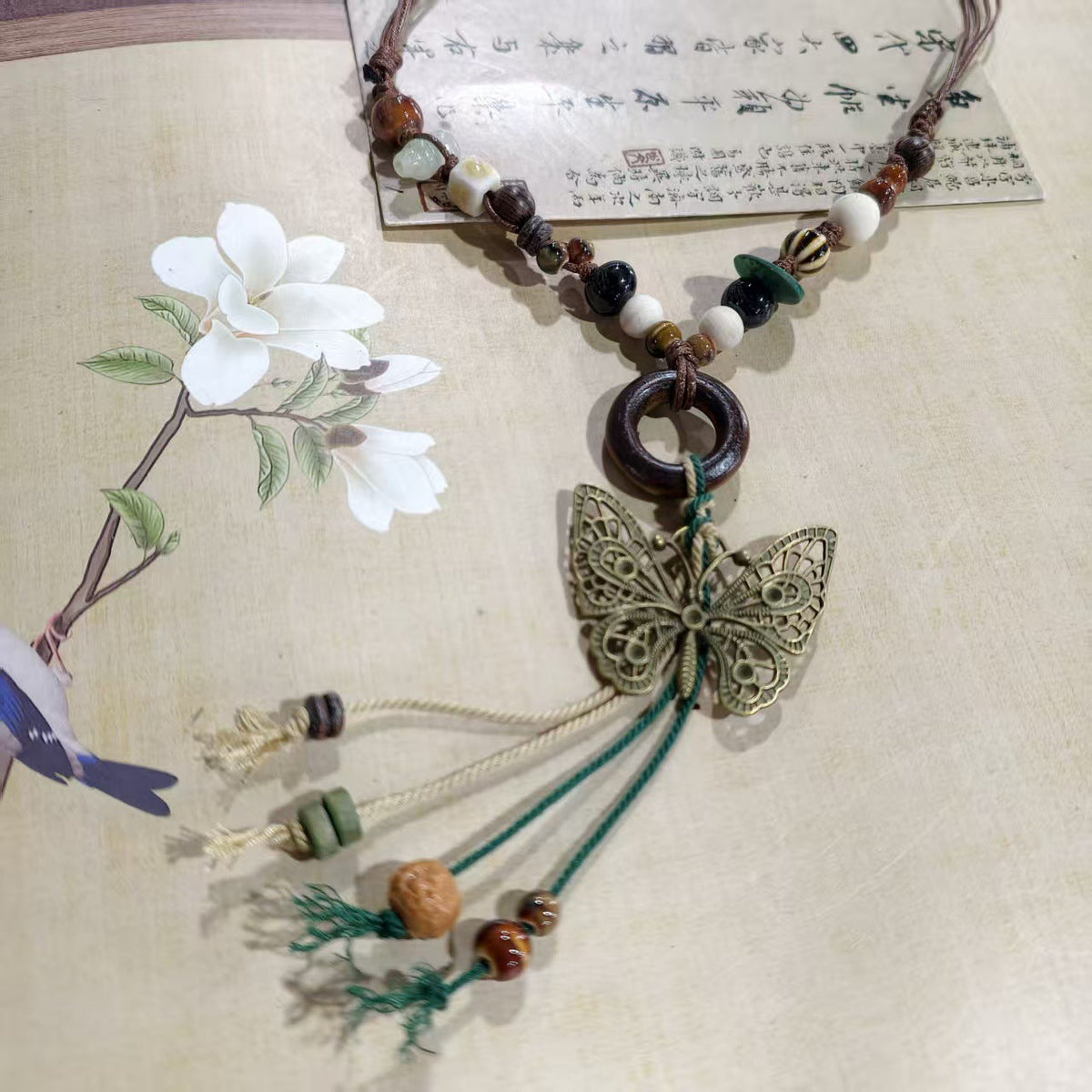 Women's Retro Ethnic Style Ceramic Butterfly Bell Fashionable Necklace