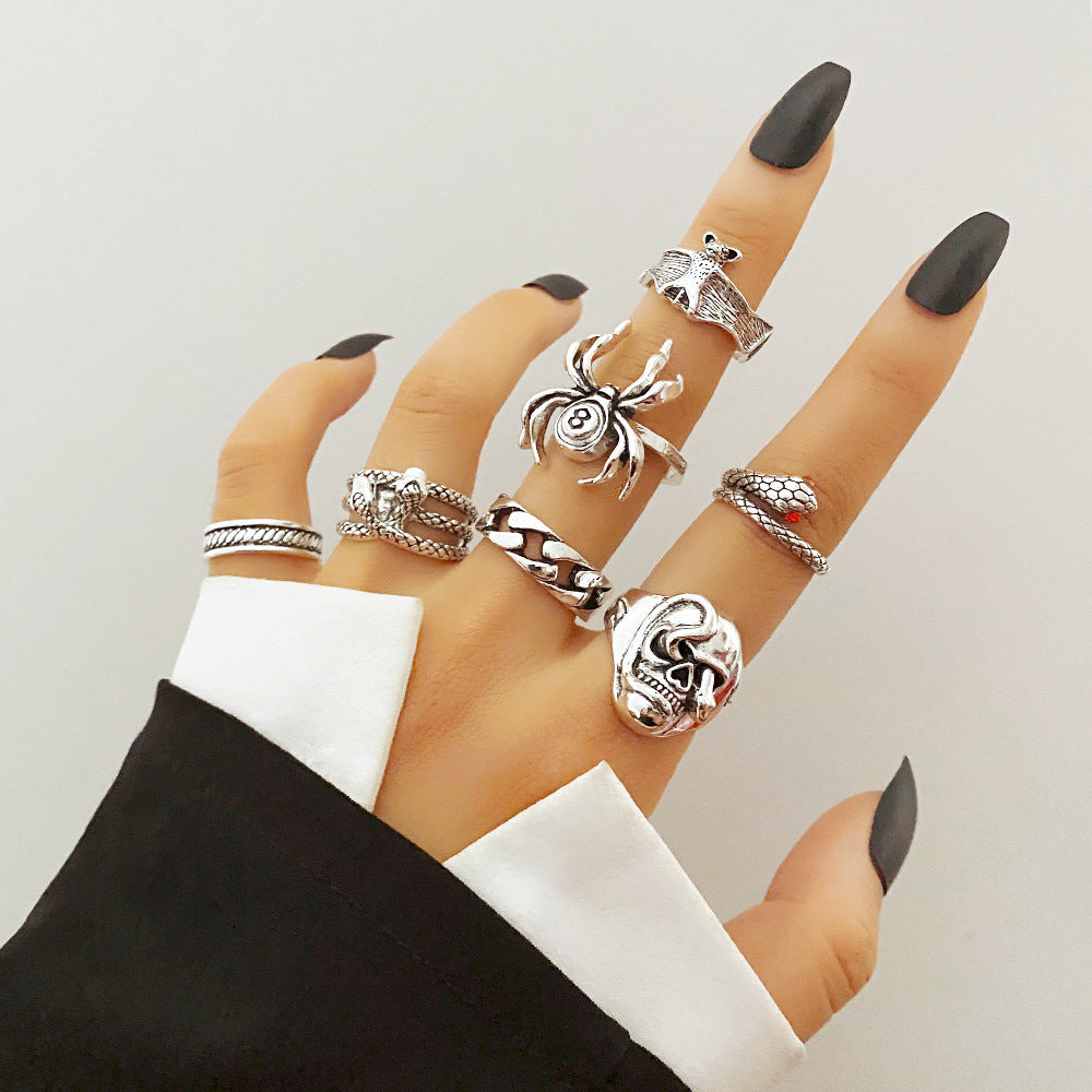 Alloy Chain Vintage Crying Face Poker Hollow Love Ring