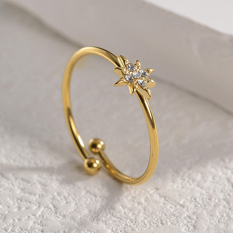 Women's Korean Style Titanium Steel Diamond Eight Awn Star Simple Ring