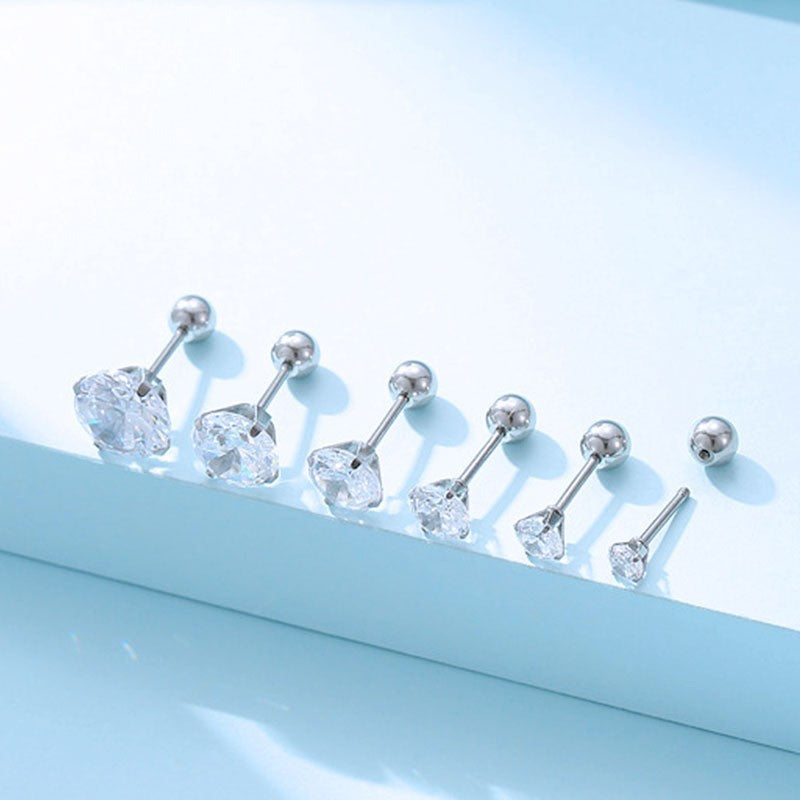 Women's & Men's Titanium Steel Threaded Rods Twisted Ball Ear Crystal Zircon Stud Earrings