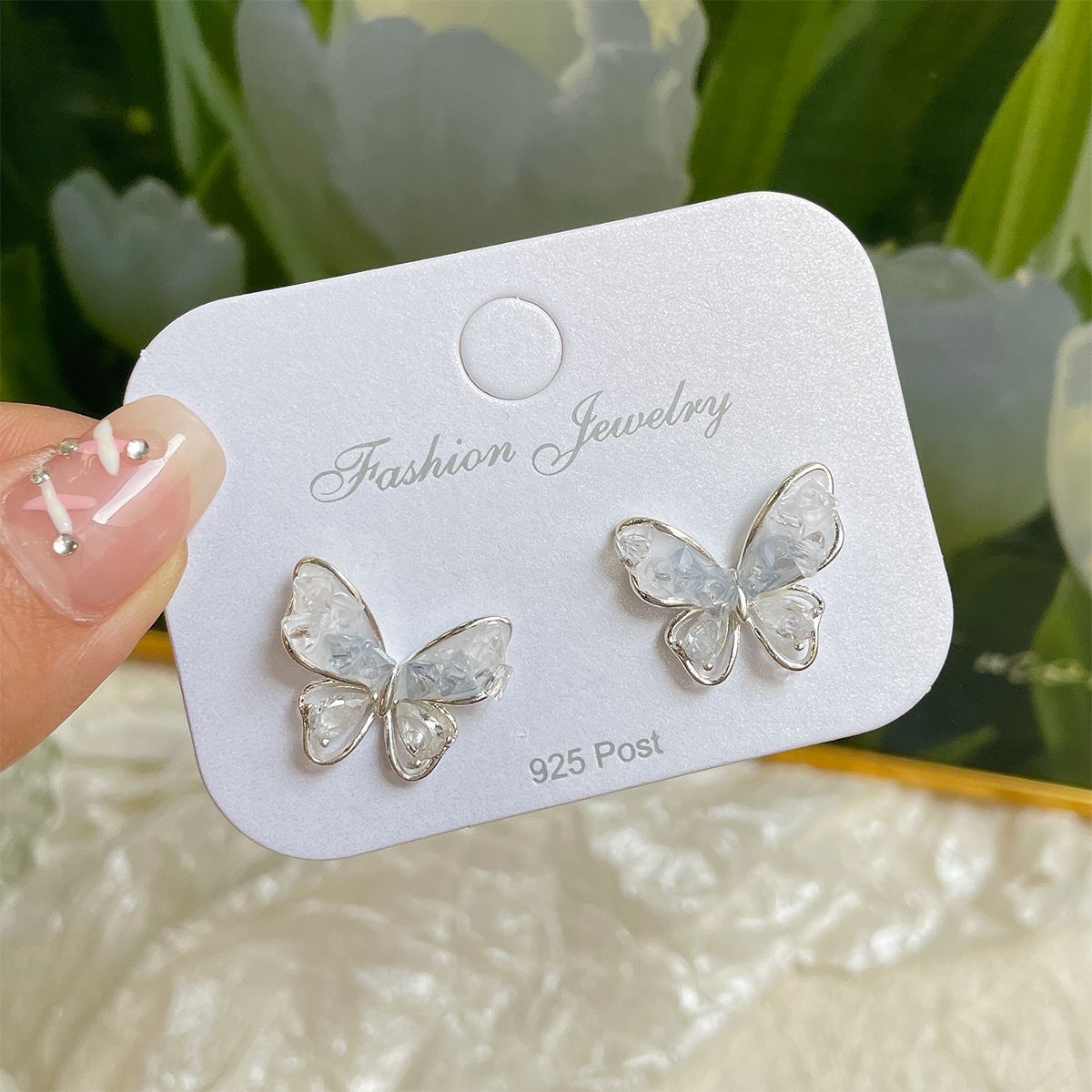 Women's Gradient Crystal Bow Sier Needle Light Luxury Pearl Butterfly Earrings