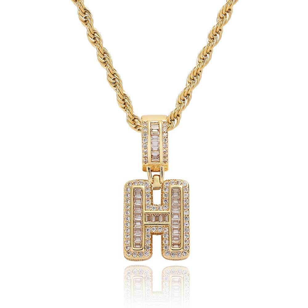 Hip Hop Letter Pendant Necklace with Cubic Zirconia in Gold or White Gold