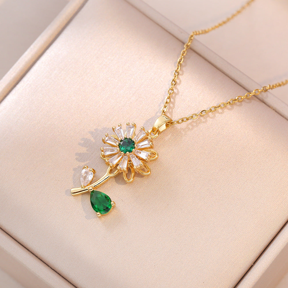 Women's Fashion Zircon Rotatable Emerald Sunflower Design Necklace