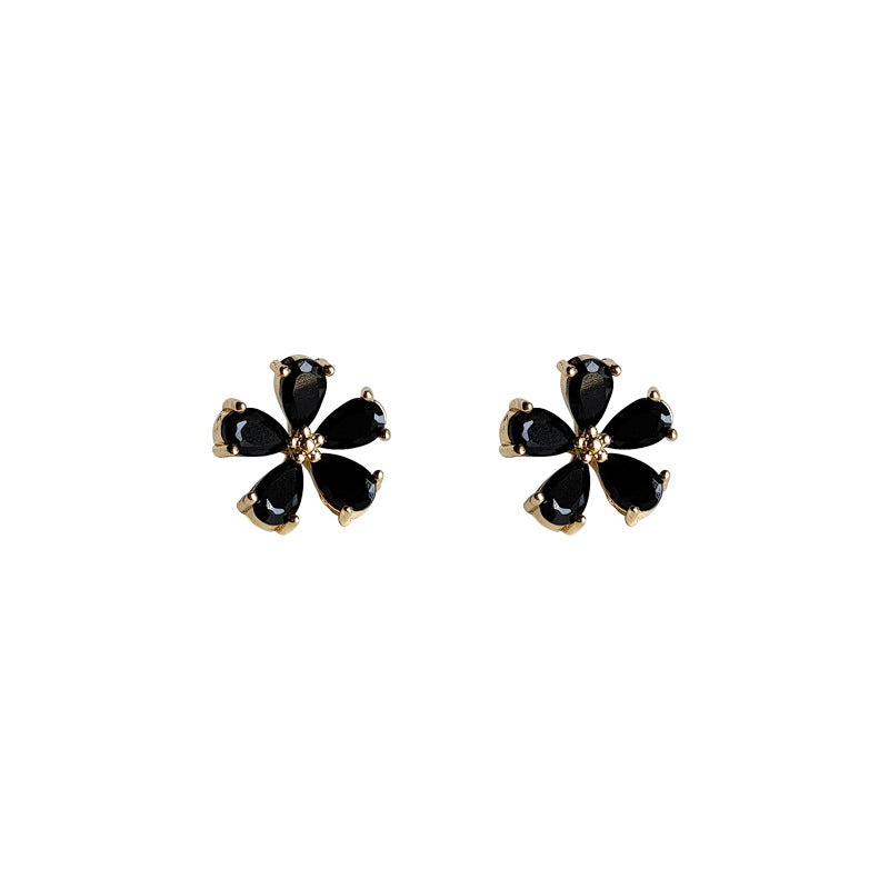 High-grade Temperament Micro Inlaid Zircon Black Small Flower Sier Plated Earrings