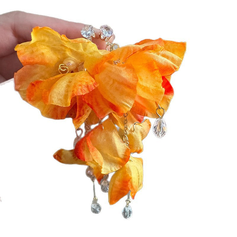 Style Western Blooming Orange Petals Beaded Fringed Zircon Earrings