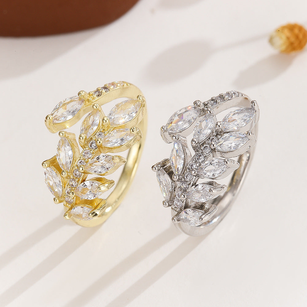 Delicate Leaves Open Light Luxury High Sense Zircon Index Rings