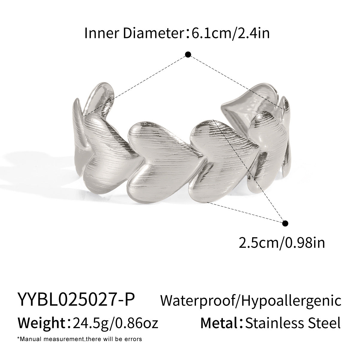 Stainless Steel Vacuum Gold-plated Heart-shaped Open-ended Bracelets