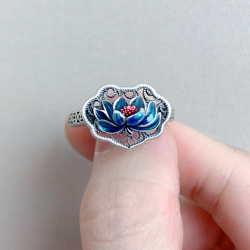 Women's Sterling Sier Enamel Blue Lotus Hollow Cloisonne Retro Personality Rings