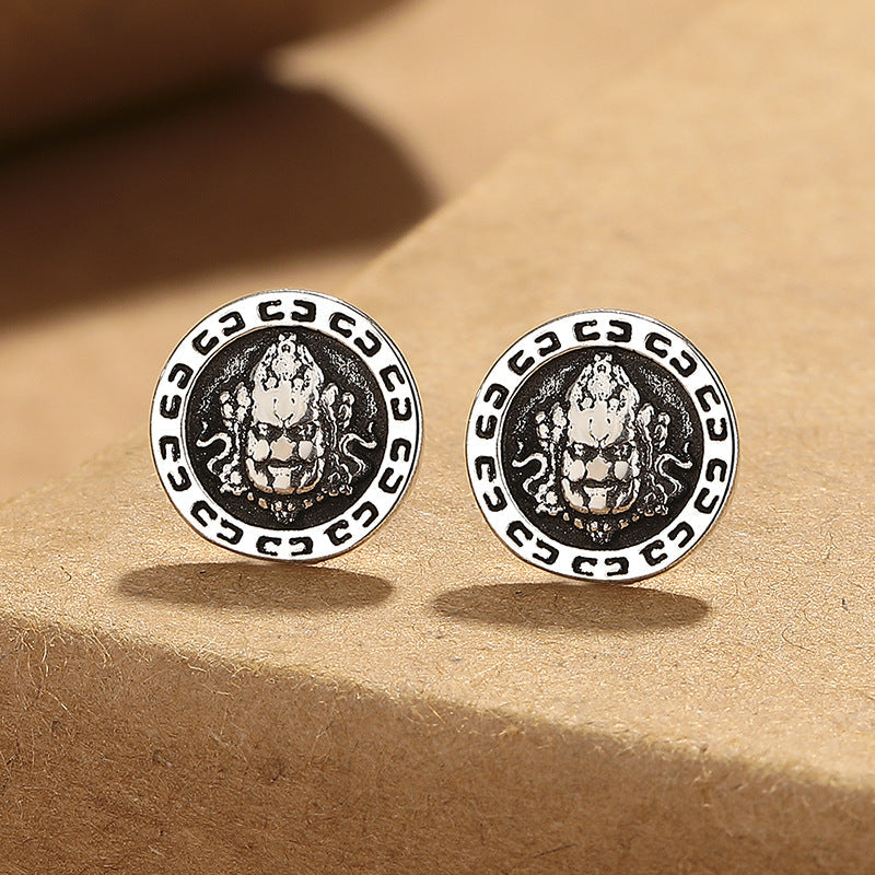 Men's Three-dimensional Yellow God Of Wealth Fashion Simple Round High Sense Stud Earrings