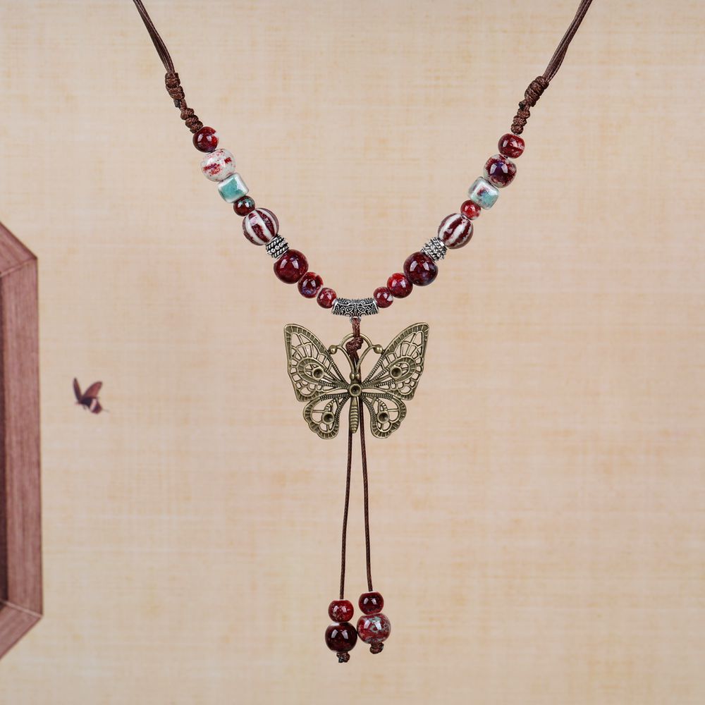 Women's Retro Ethnic Style Ceramic Butterfly Bell Fashionable Necklace