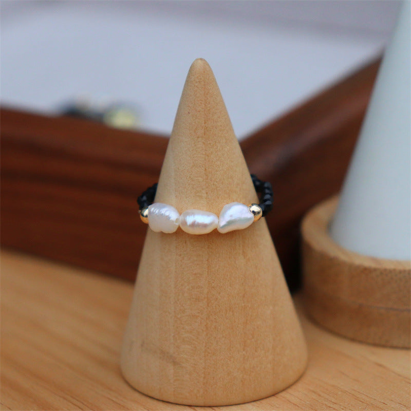 Simple Fashion White Black Pointed Crystal Stretch Freshwater Pearl Agate Rings